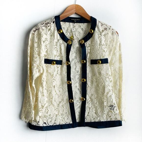 🆕 Michael Simon crocheted button jacket with denim trim NWT cardigan size med - Picture 2 of 15